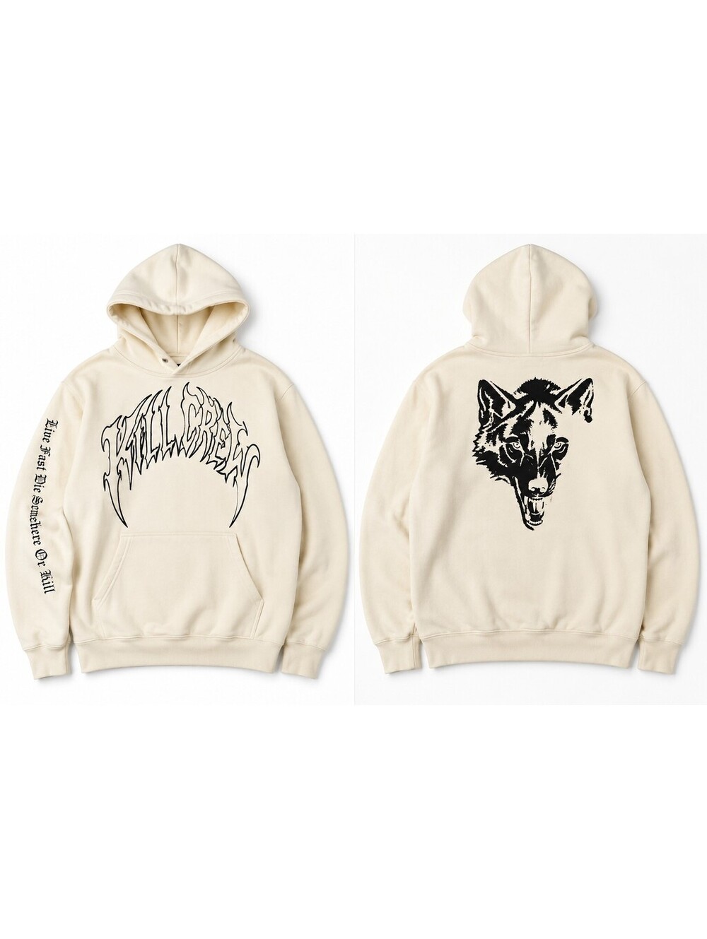 Kill Crew Wolf Graphic Oversized Fleece Hoodie Med Cream Streetwear Grunge